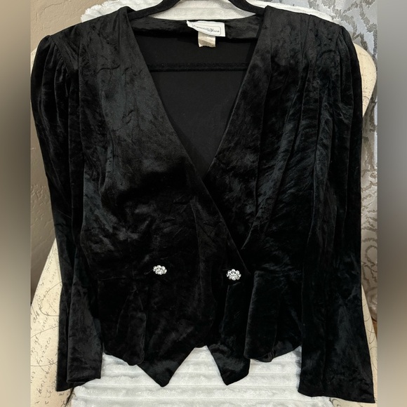 Vintage 80’s Black Velvet Wrap Front Rhinestone Cropped Blazer Fancy Party Top - Picture 11 of 12